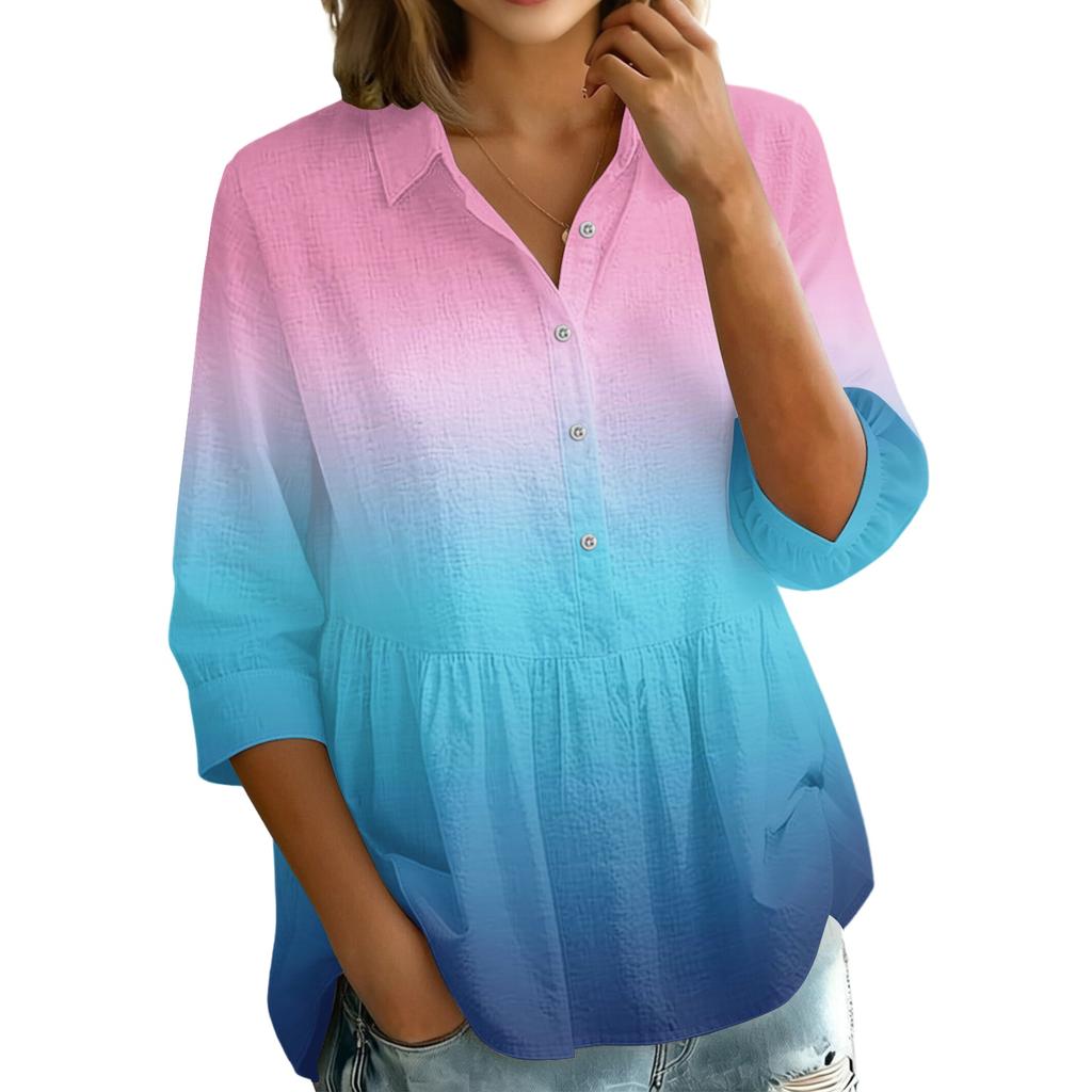 Women's Gradient Print Button Down Blouse - Three Quarter Sleeve, Notched Lapel, Loose Fit Casual Shirt Top