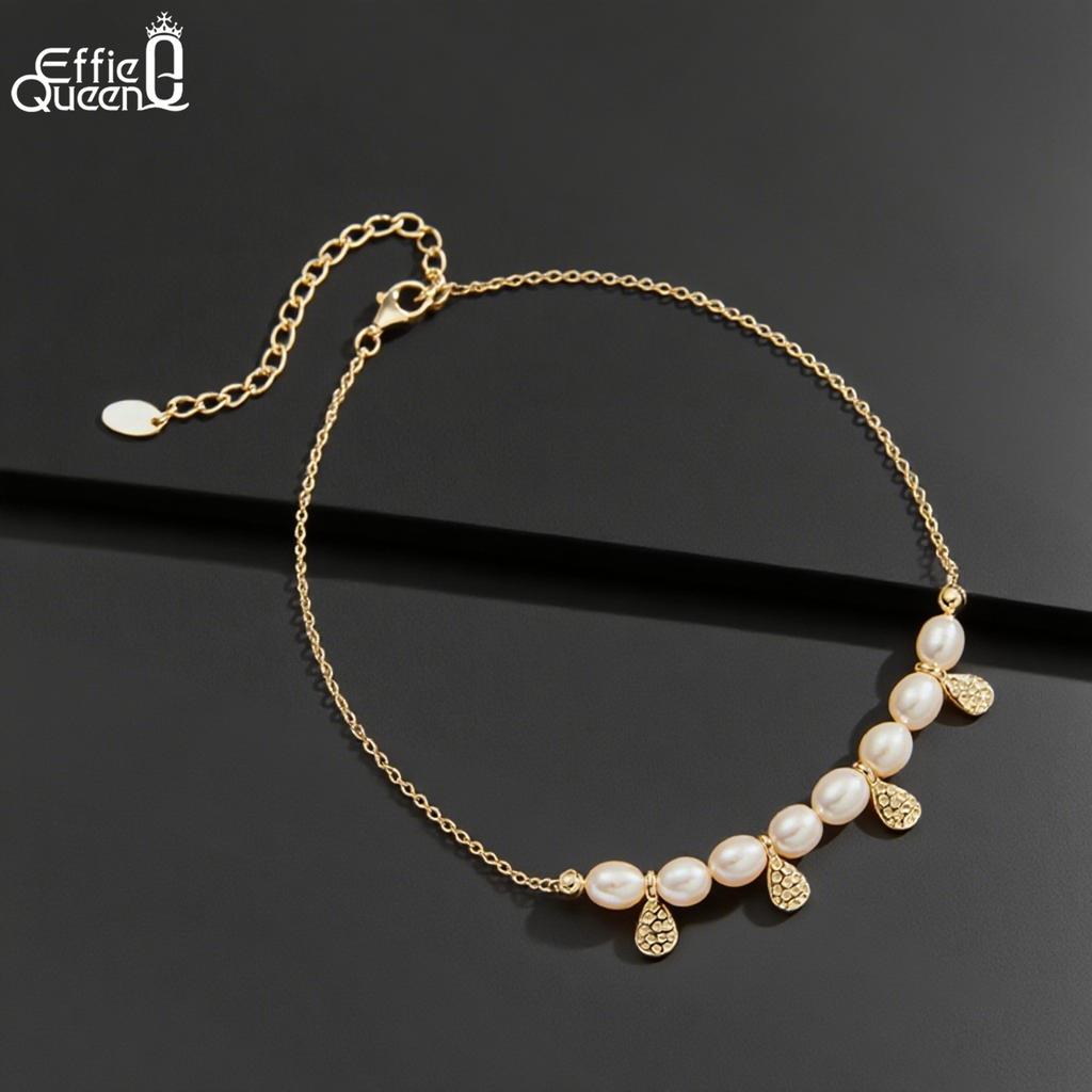 Effie Queen Sophisticated 925 Sterling Silver Freshwater Pearl Anklet Water Drop Beads Strand Ornament Chic Jewelry Gift SA65
