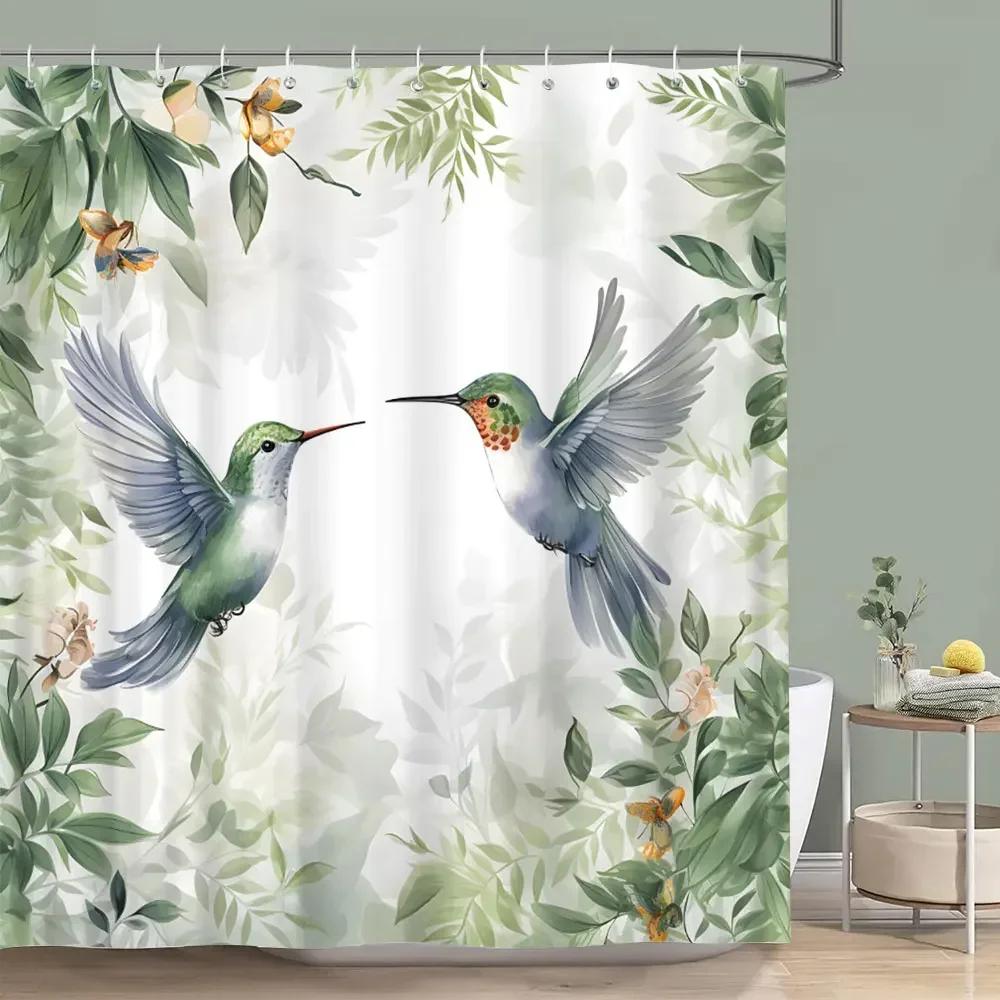 Hummingbird Floral Shower Curtain Birds Watercolour on Flower Branches Printed Polyester Bath Curtains Bathroom Decor with Hooks