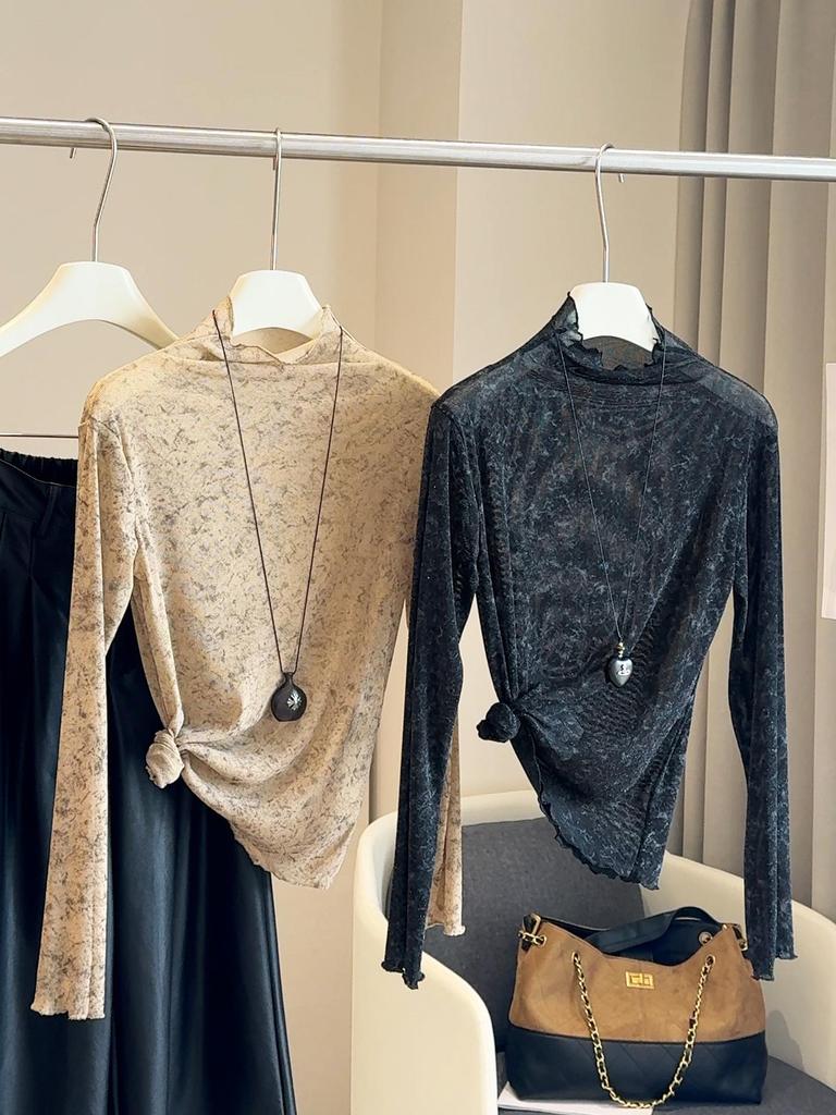 Haut de base à manches longues pour femme automne 2025, coréen, ombré, avec fil de lurex doré et col semi-montant