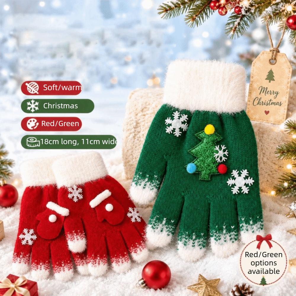 Snowflake Pattern Five-finger Gloves Windproof Winter Warm Glove Christmas Knitted Glove  Girls