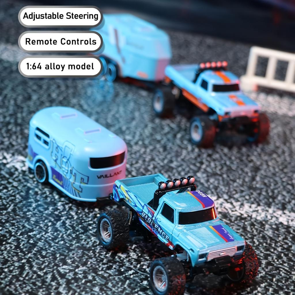 1:64 Scale Mini RC Truck Toy 2.4GHz Off-Road Alloy Truck with Trailer Body Lights Crawler Toy Adjustable Speed Steering Collectible Truck Model Gift