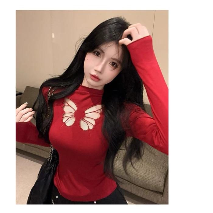 

White semi-turtleneck bottoming shirt for women s new autumn and winter pure desire Spice Girl feeling with long-sleeved T-shirt top XL червоний
