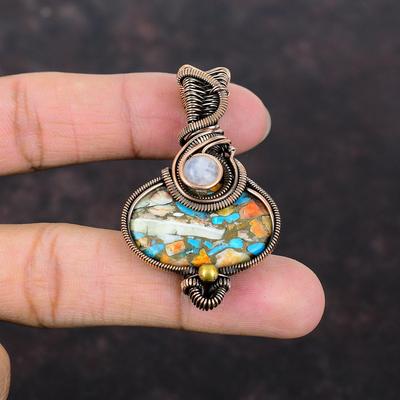 Stachelige Auster Kupfer Türkis Anhänger Kupferdraht umwickelter Edelsteinanhänger Regenbogen Mondstein Anhänger Handgefertigter Kupferschmuck Geschenk für Frauen
