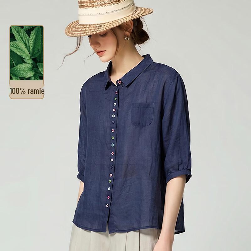 Wudao Women s Old Money Style 100% Ramie 3/4 Sleeve Shirt L