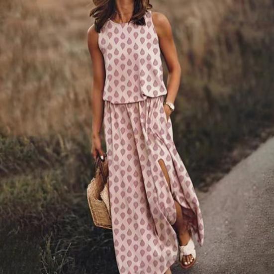 Damen Ärmelloses Maxi Kleid Lässig Rundhals Elastische Taille Schlitz Langes Kleid
