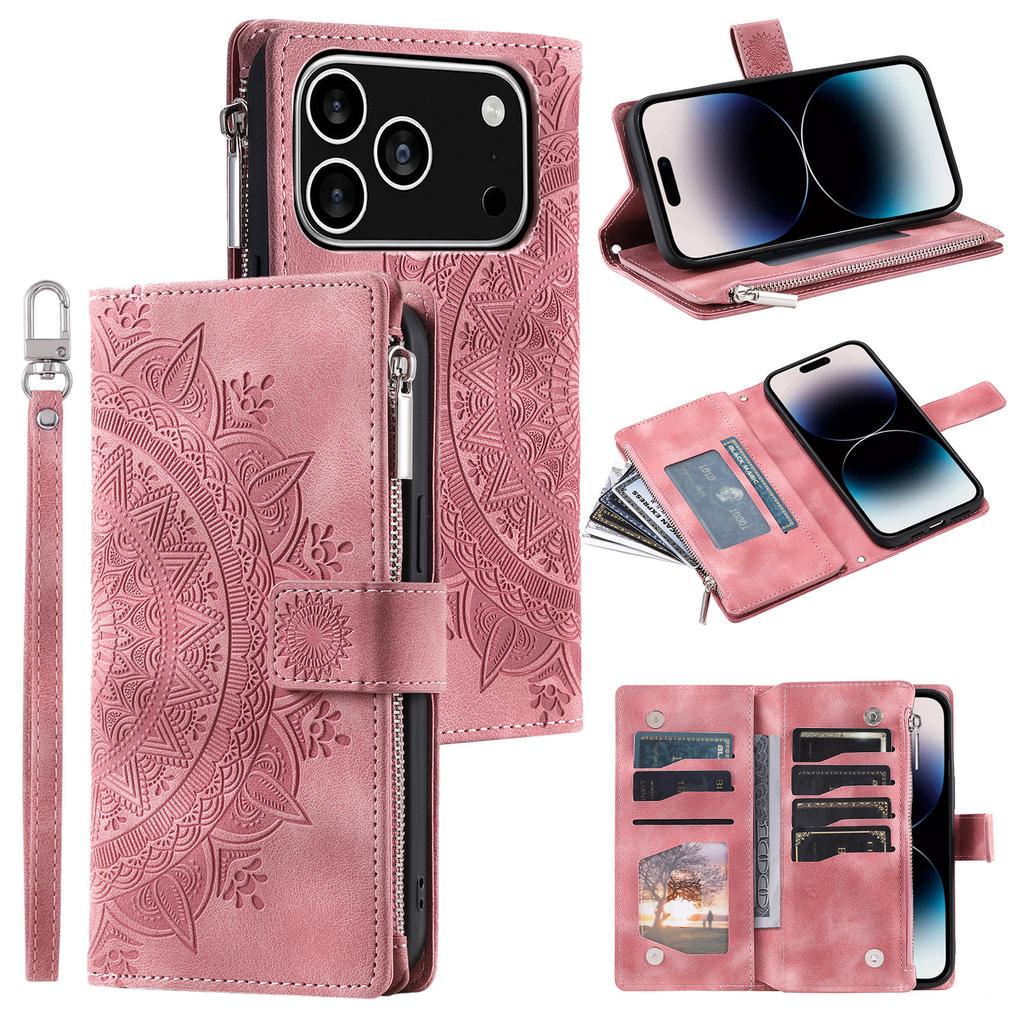 Pro iPhone 17 Pro Peněženkové pouzdro Vzor Mandala Květina PU Kůže Kryt na telefon s Poutkem na zápěstí