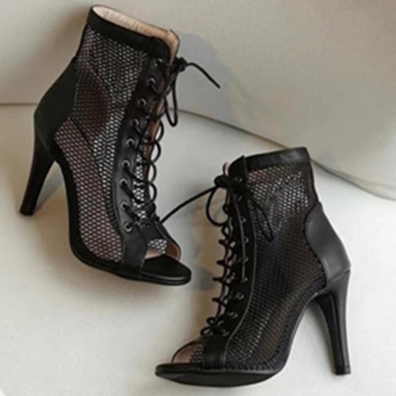 Fashion Fish Mouth Sandals Summer New Round Head Mesh Cloth Breathable Before Lacing Non-slip Wear-resistant High Heels