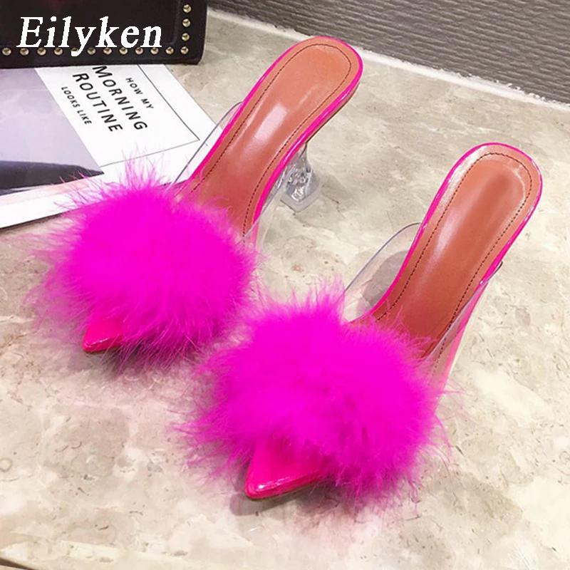 Fashion Eilyken Design White Fluffy Pointed Toe Womens Slippers PVC Transparent Jelly Sandals Perspex Glass Spike Heels Shoes Pumps