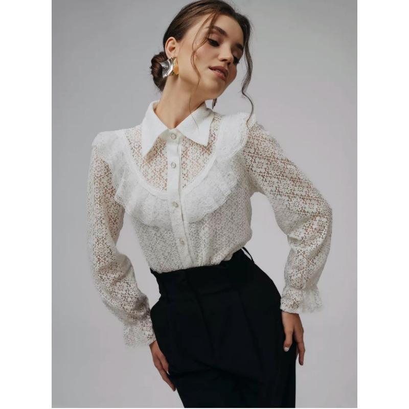 White Elegant Lace Women Shirt See Through Ruffled Fashion Spring Summer Loose Long Sleeve Blouse Female Hollow Out Lapel Fashion Sweet Tops