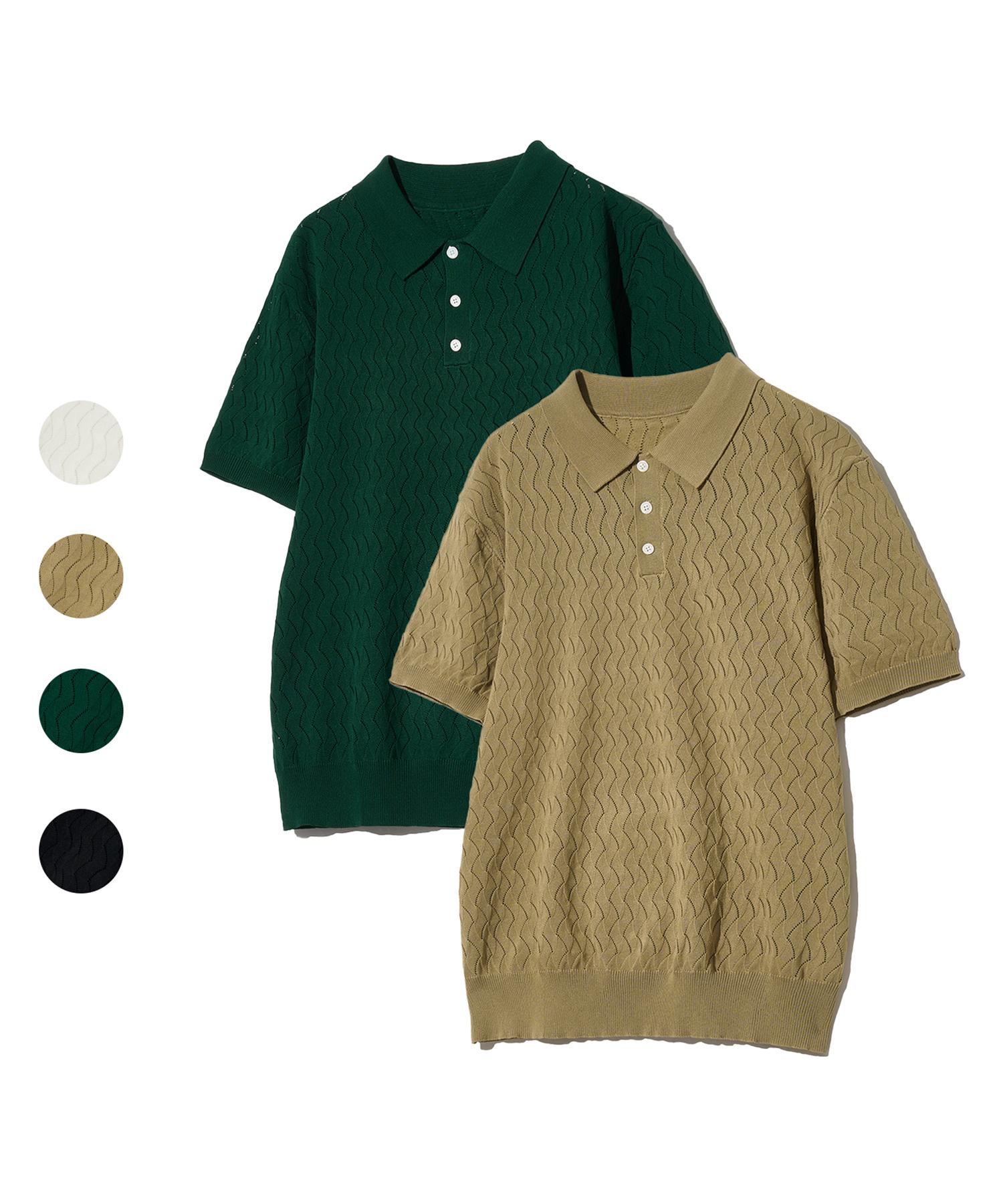 86-Iroj019 Light Wave Shape Short Sleeve Collared Knit 4 Colors Deep Green/M