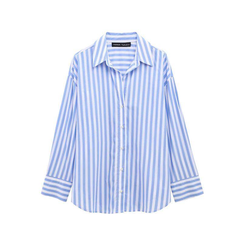 

Fashion Style 2024 Spring/Summer New Arrival Women s Loose Casual Polo Collar Long Sleeves Basic Poplin Shirt 4387096 Light blue L