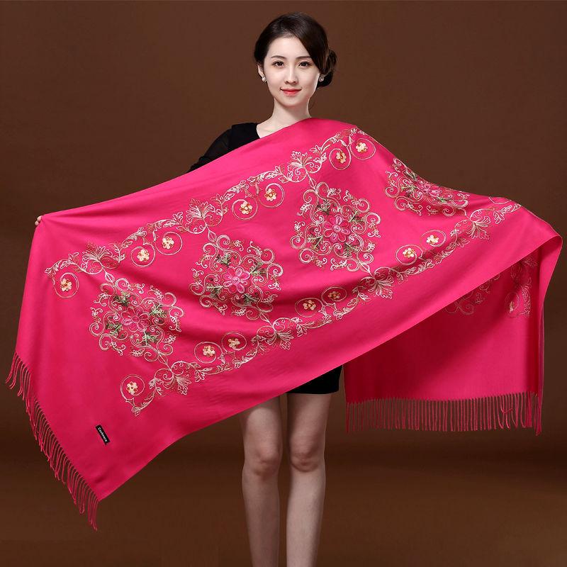 Červený vyšívaný šátek Dámský etnický styl Silný oboustranný hřejivý šátek Dvojí použití Podzim a zima Divoká Dlouhá část