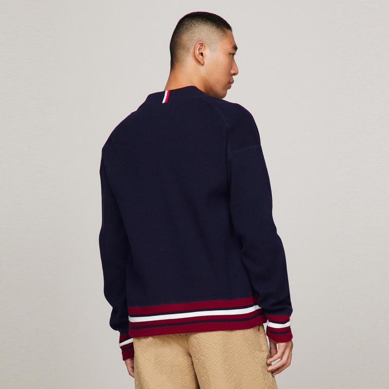 Tommy Hilfiger Cotton Heavyweight Letter Embroidered Logo Loose Baseball Collar Knitted Cardigan Men Outerwear Navy-Blue MW0MW33090