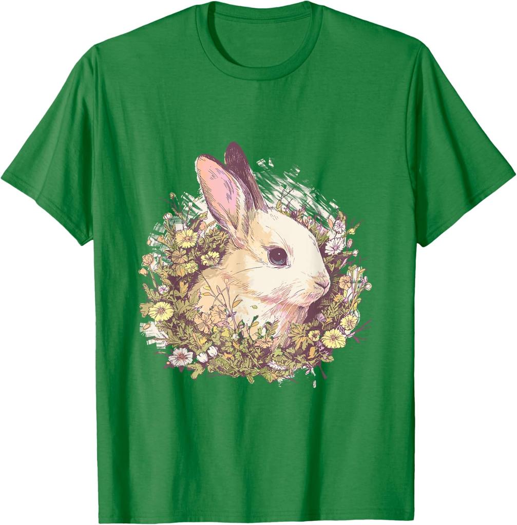 Bunny In Floral Garland Graphic Print Casual Cotton T-Shirt Spring Cottagecore Aesthetic Tee