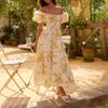 Summer hot-selling square-necked bubble-sleeved printed long dress, big swing, waist and thin dating dress