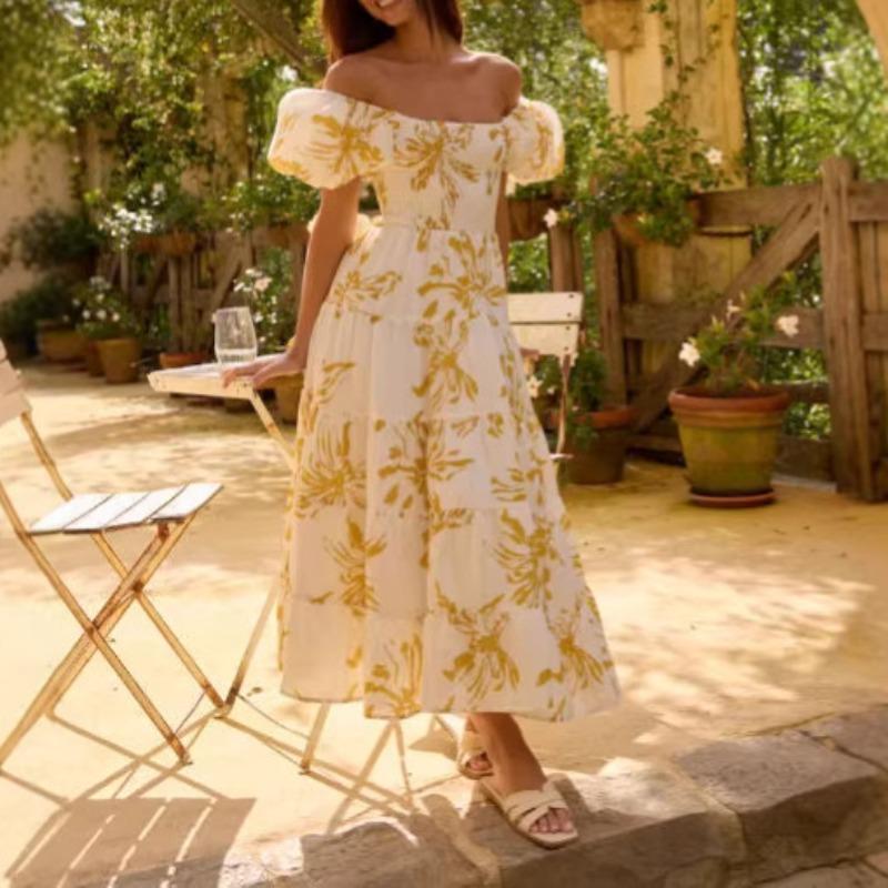 Summer hot-selling square-necked bubble-sleeved printed long dress, big swing, waist and thin dating dress