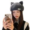Niedliche Katzenohren Baskenmütze für Damen im Herbst und Winter Neuer Stil Vielseitige Kleine Kürbishut Japanische Wollene Warme Malermütze