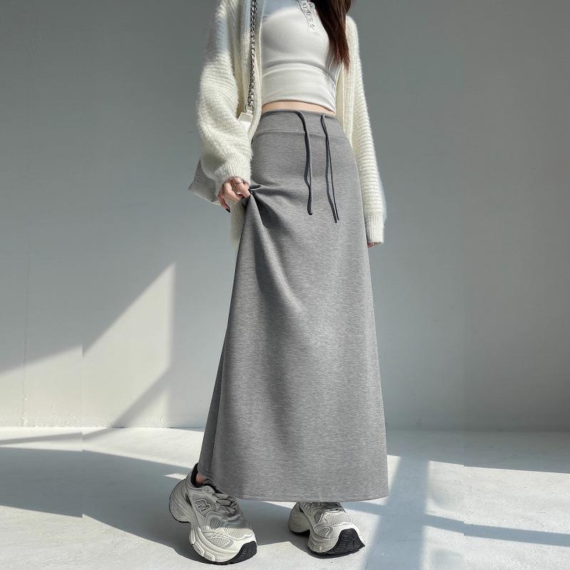 Women's Grey High-Waisted Drawstring Sports Skirt: 2025 Autumn/Winter Casual Loose Straight-Leg Half-Length.