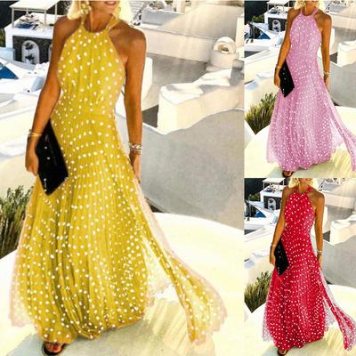 Women O Neck  Halter Print Pleated Long Dress Women Sexy Beach Fashion Maxi Dress Summer Sleeveless Boho Party Dress