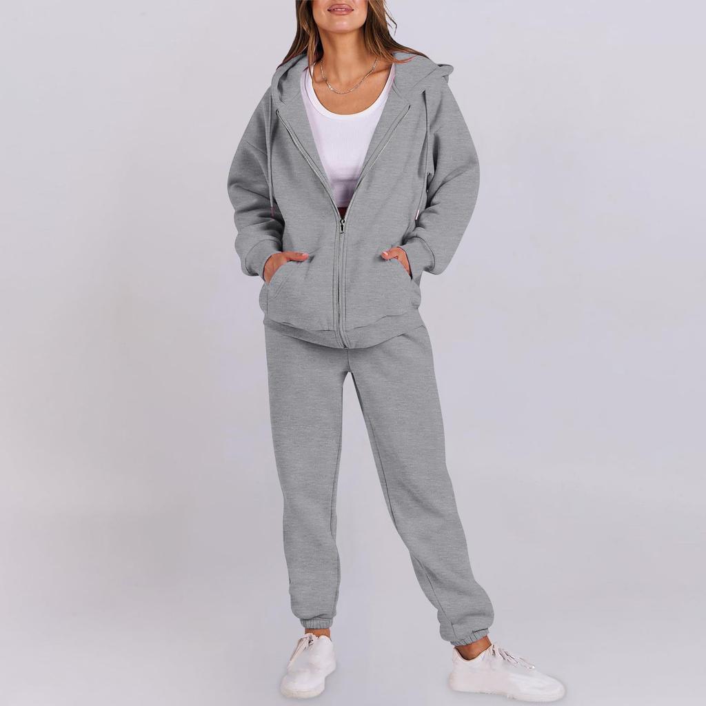 Women's Fashion Hooded Long Sleeve Color Zipper Elastic Waist Loose Sweatshirt Set