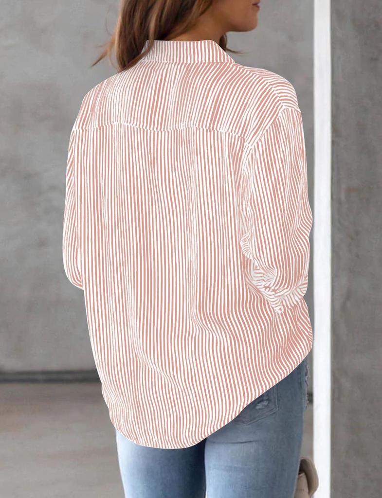 Women's Striped Long Sleeve Collared Button-Down Shirt with Pocket