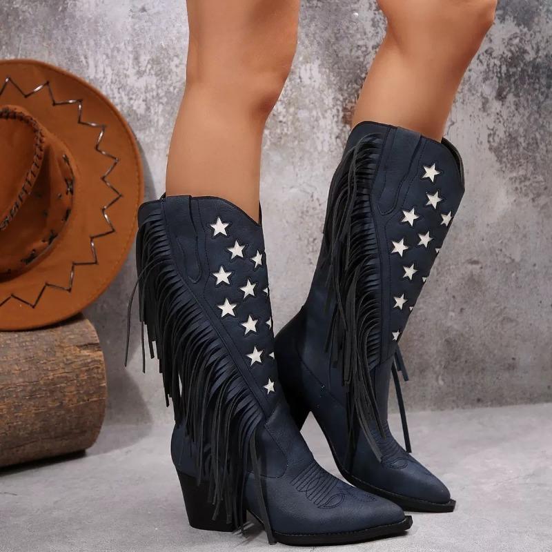 Fashion Women's Mid-Calf Embroidered Boot High Heel Western Style Autumn Spring New Large Tassel Stitched Rubber Outsole Cotton Lined