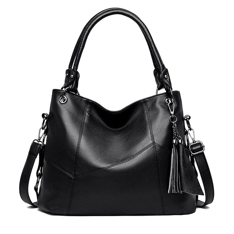 

New versatile women s bags, large bags, fashionable mother bags, large-capacity middle-aged and elderly soft leather fringed handbags in Europe чёрный