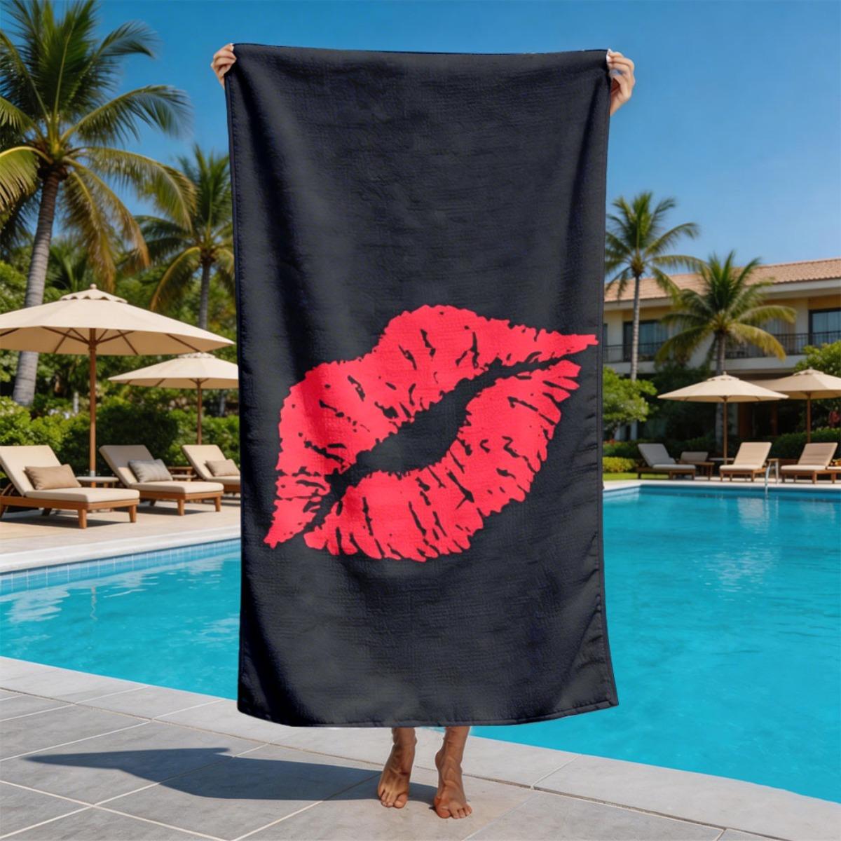 

Red lips on a black background theme polyester microfiber beach towel is highly absorbent, suitable swimming and beach outings W30*H60(CM)