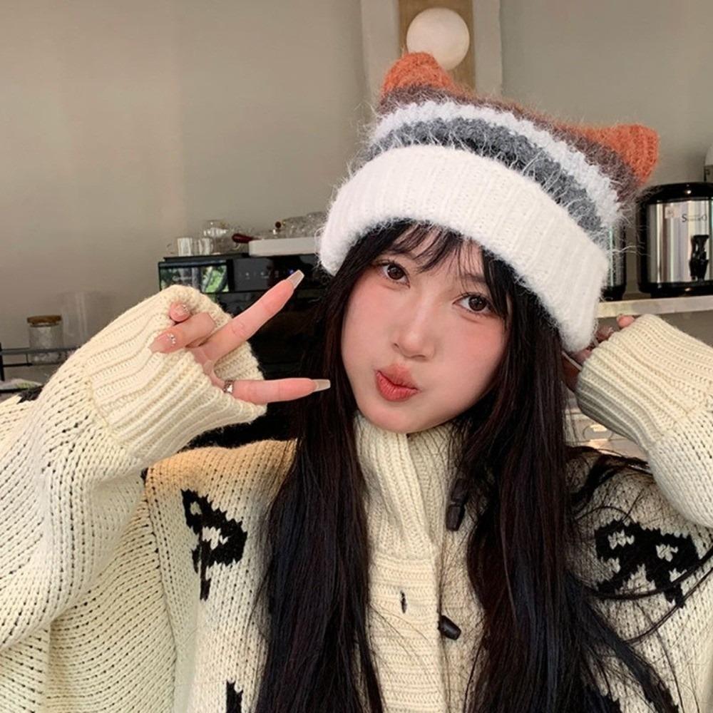 Gradient Striped Bucket Hat Colored Women Beanie Hat Casual Woolen Knitted Hat  Ladies