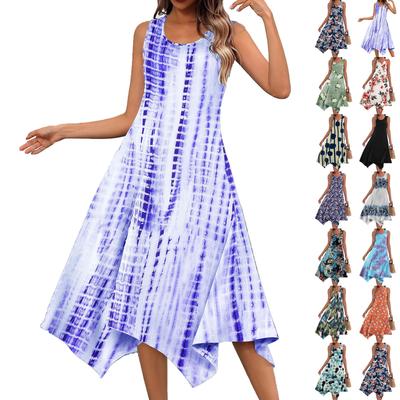 Moda casual feminina gola redonda sem mangas bainha irregular estampa floral vestido midi