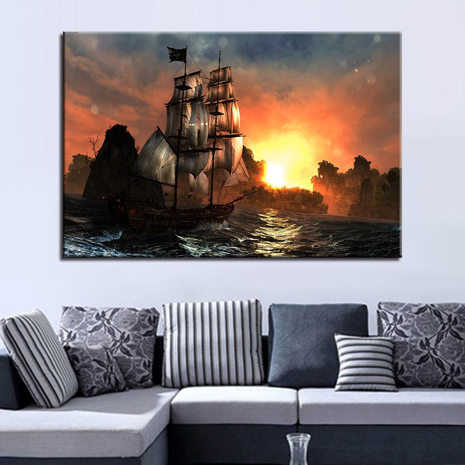 Sailing Boat Sunrise Canvas Painting Sea Night View Modular Landscape Posters and Prints Wall Art Pictures Home Decor No Frame