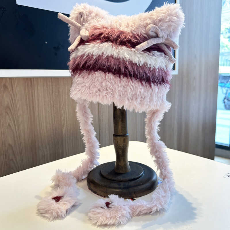 Cute Plush Hat Women's Autumn and Winter Colorful Fringed Braids Knitted Pullover Hat Ear Protector