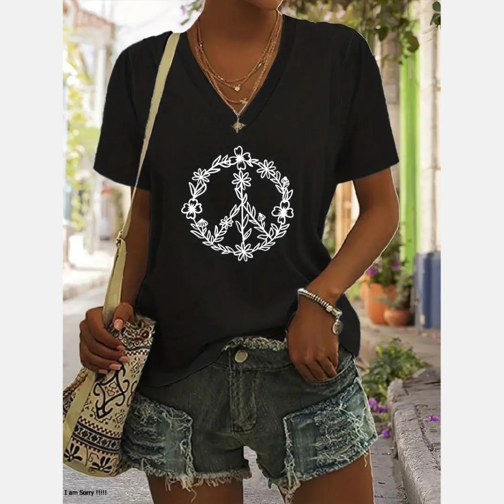 Women's V-neck T-shirt, peace symbol print, short-sleeved, casual, clothes, oversized, urban,fashion