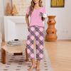 Women Casual Loose Fit Short Sleeve T Shirt and Capri Pants Pajama Set V Neck Top with Pocket Printed Lounge Wear Set