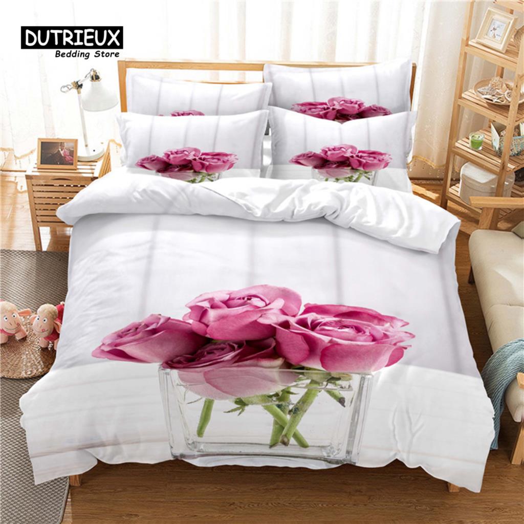 Beautiful Flower Bedding Set, 3Pc Flowers Duvet Cover Set, Soft Comfortable Breathable Duvet Cover, For Bedroom Guest Room Decor