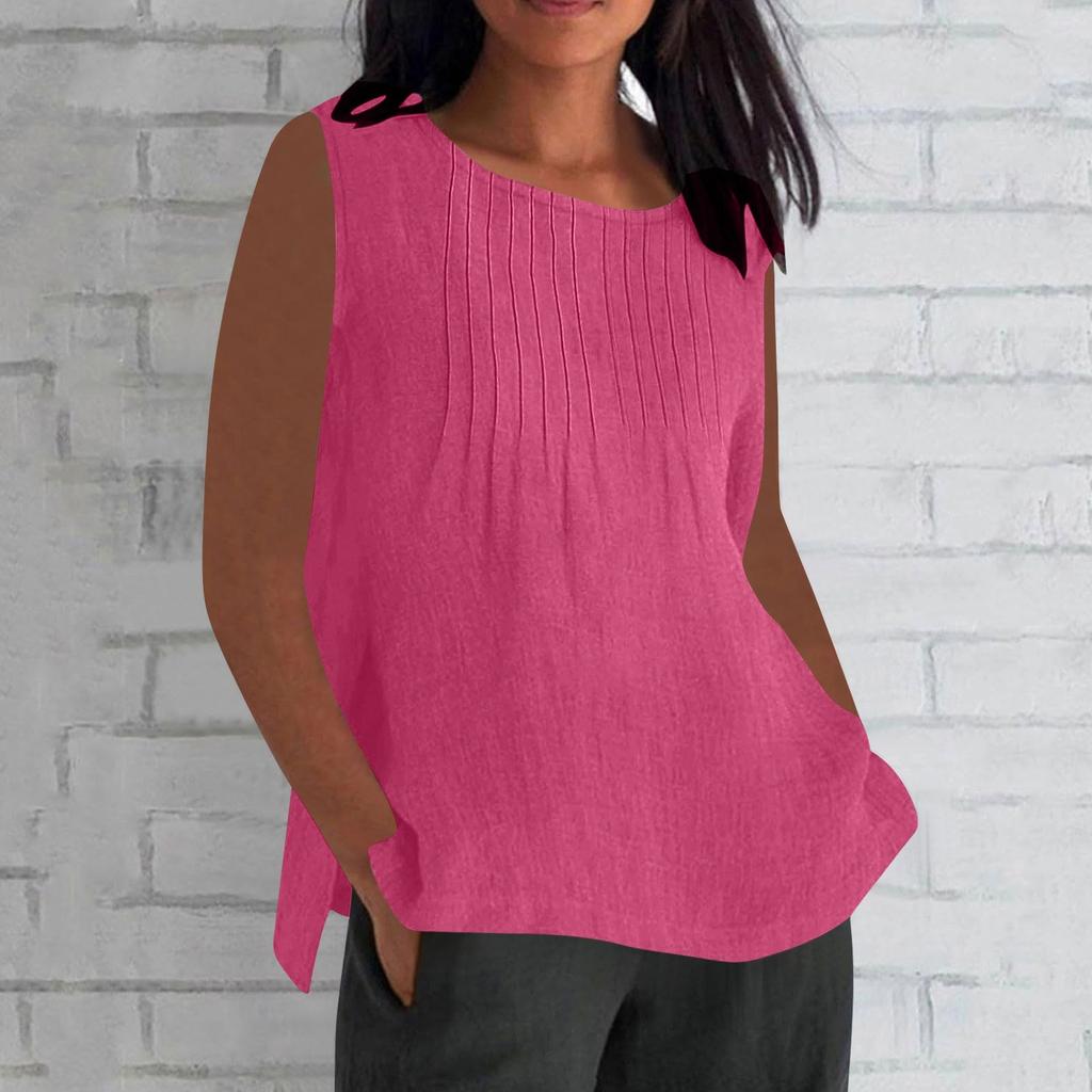 Women's Fashionable And Casual Sleeveless Vest Solid-color Cotton And Linen Pleated Sleeveless Top T-shirt