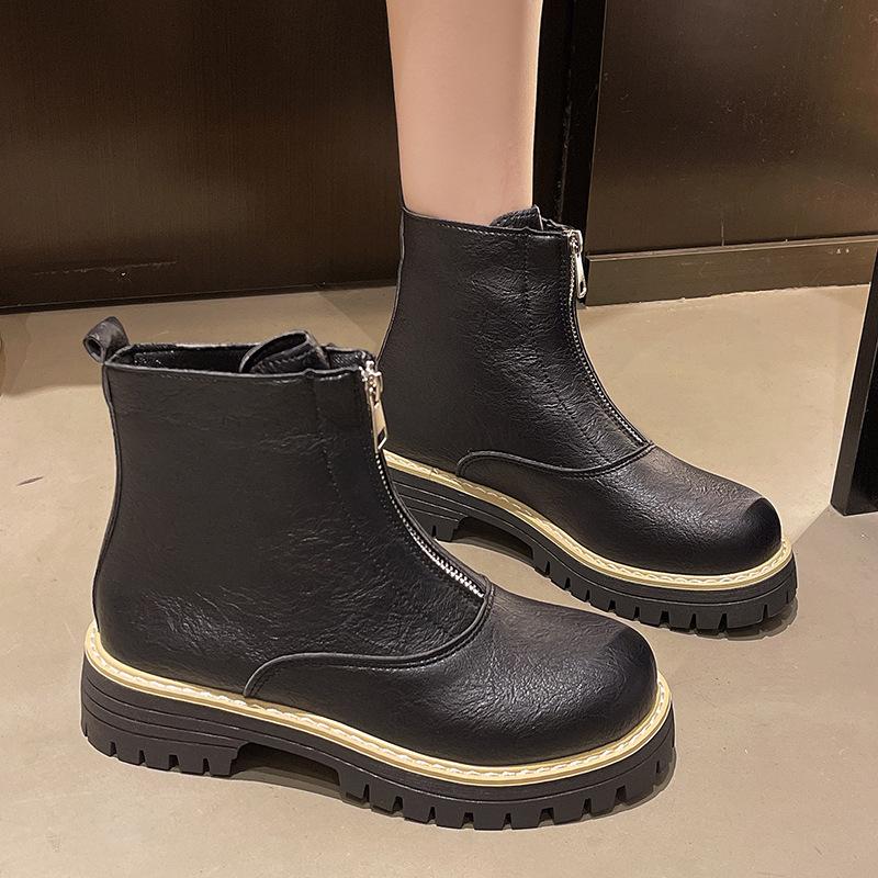 

2025 Ботинки Мартин с круглым носком и боковой молнией Ботинки на толстом каблуке Новые Осенне-зимние Большого размера Женские ботильоны Женские 43 чёрный