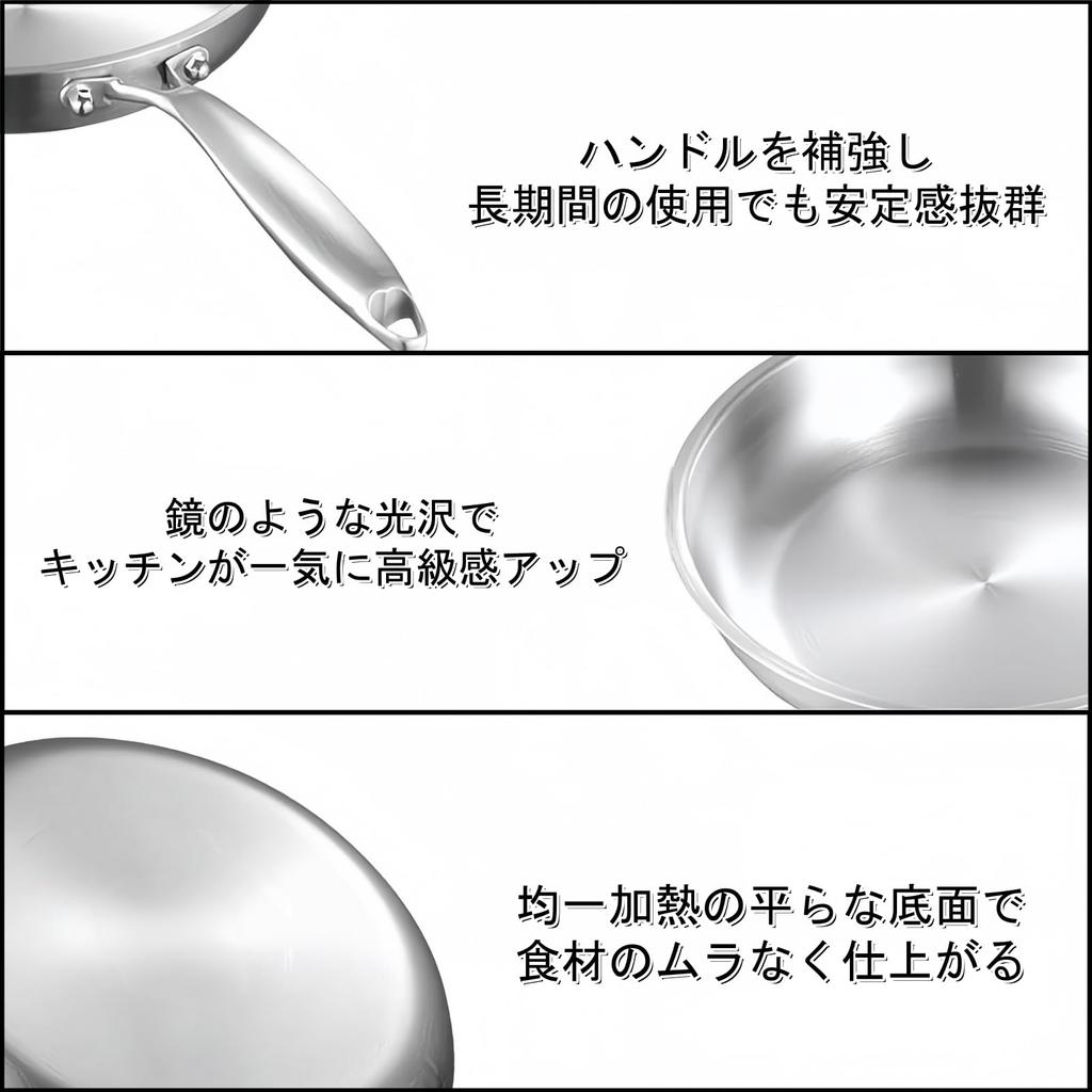 buuyyaa 316 Stainless Steel Frying Pan 24cm, Gas & Induction Compatible, Ergonomic Handle, Oven Safe, Dishwasher Safe, Home Use, Silver