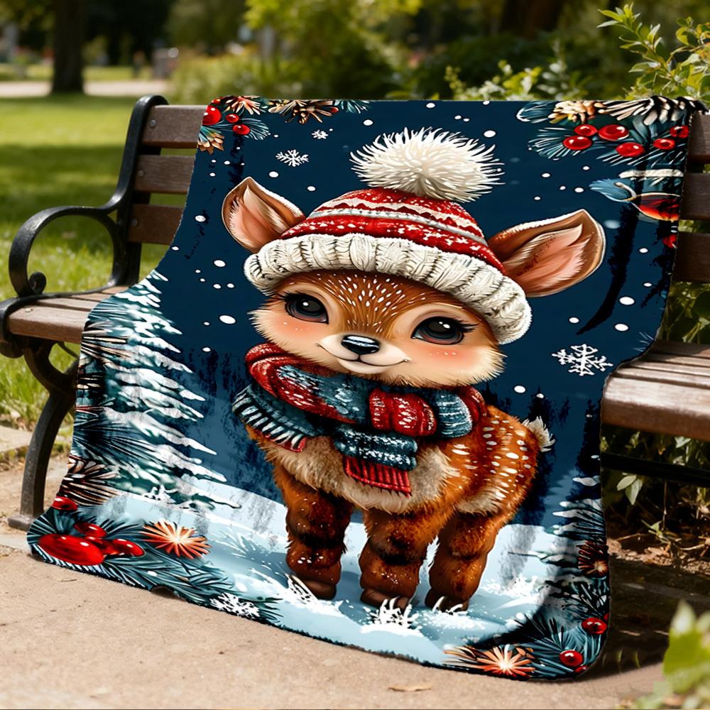 1pc Winter Deer Outdoor Personalized Flannel Blanket, Soft, Lightweight Personalized Flannel Blanket, Digital Printing,