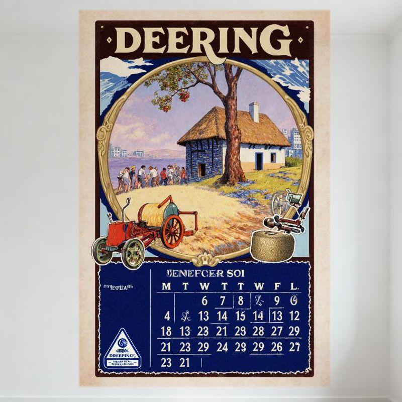 Vintage DEERING Tractor Farm Calendar Tin Sign, Retro 20th Century Agricultural Advertising Metal Poster for Wall Decor, Rustic 20x30cm（7.8x11.8inch）