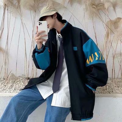 Men Women Loose Jacket Retro Stand-up Collar Long Sleeve Street Baseball Jacket Coat Color Blocking Lovers