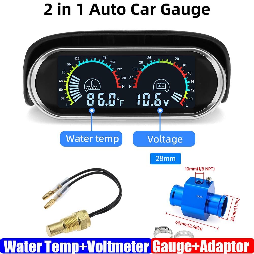 Dual Gauge 2 IN 1 LCD Meter Water Temperature Gauge+VOLTS with Sensor Water Temp Joint Pipe Sensor 26MM 40MM Hose Adapter 12V24V