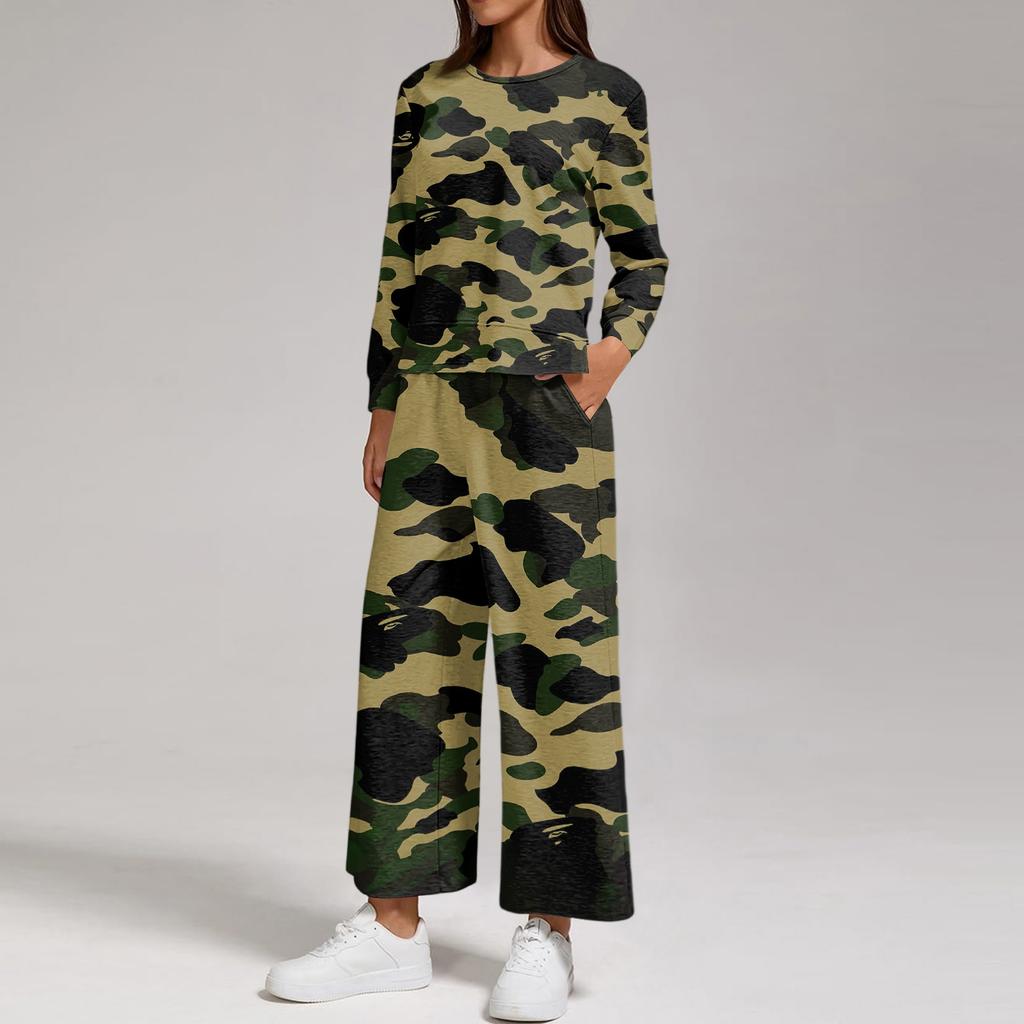 Damen Casual Bedrucktes Sweatshirt und Hose Set - Rundhals Lockerer Schnitt Zweiteiliges Outfit