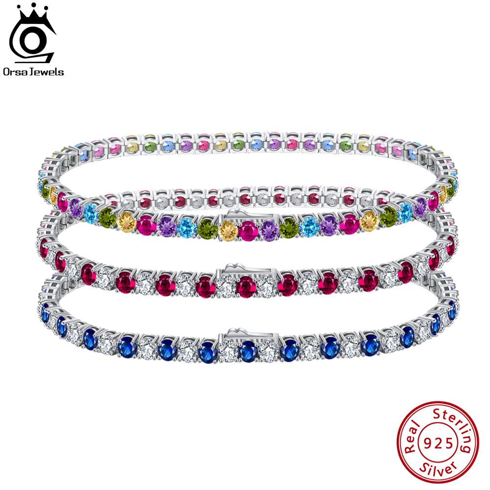 ORSA JEWELS 925 Sterling Silver 3mm Muticolor Zirconia Tennis Bracelet Genuine Handmade Hand Chain Jewelry for Men Women SB137