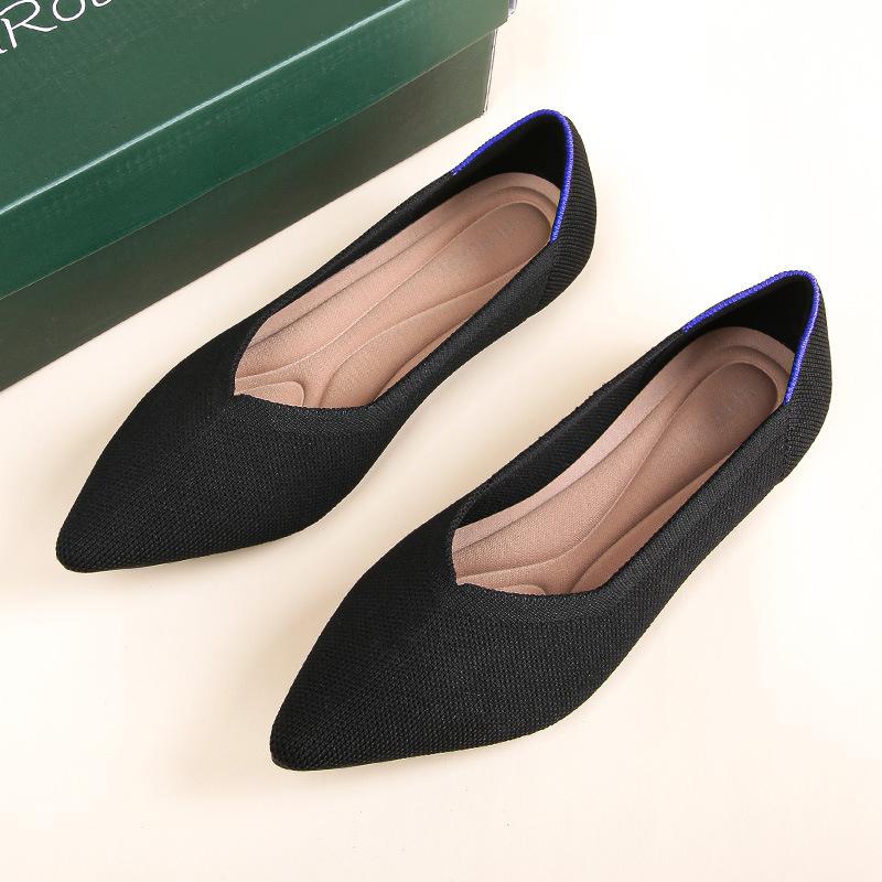 

Летающие тканые женские туфли-лодочки новая весна остроносые вязаные туфли плоская подошва неглубокий вырез удобные туфли Doudou большой размер женская обувь 34 чёрный