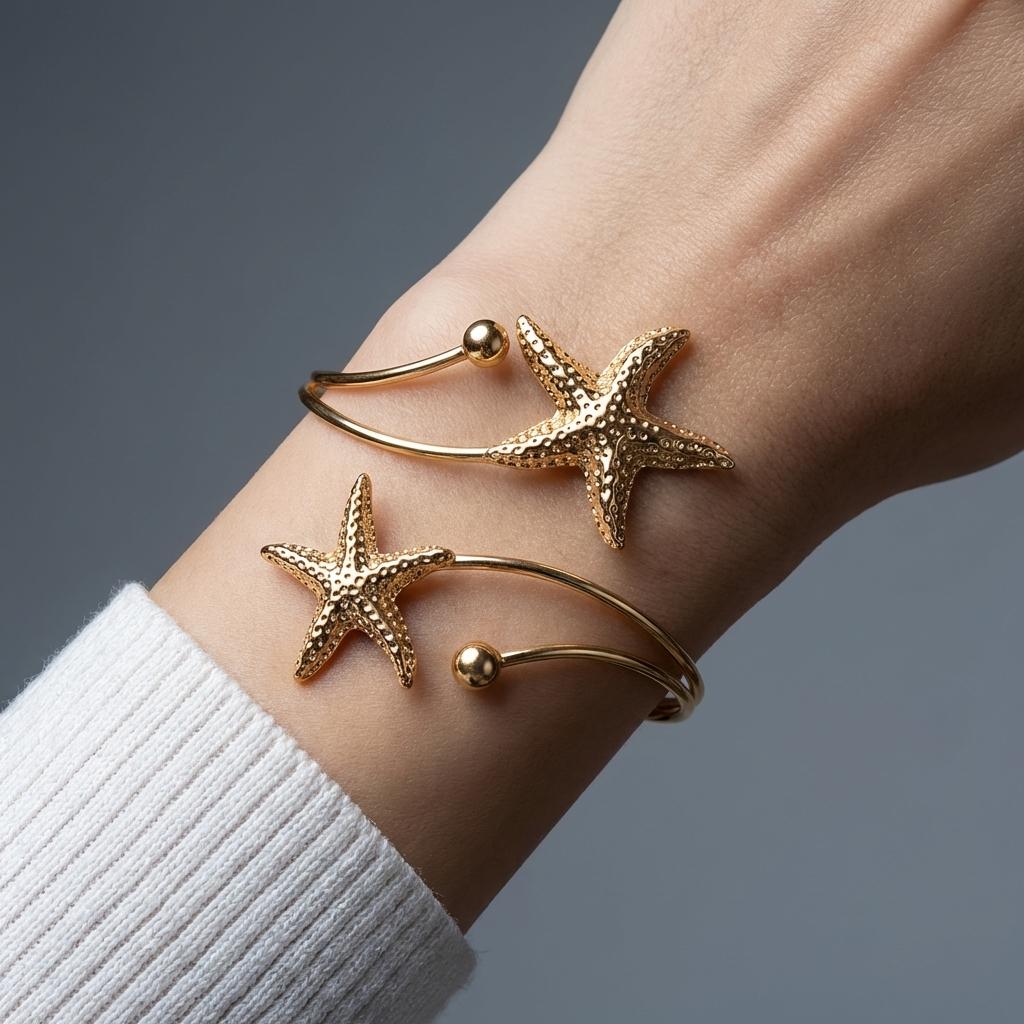 Statement Double Starfish Cuff Bracelet for Women Textured Wrap Open Wire Bangle Summer Beach Vacation Resort Jewelry