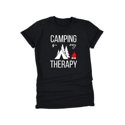 Camping Is My Therapy T Shirt for Womens Mens Unisex Round Neck Short Sleeve Tee Funny Graphic (XS, Black)