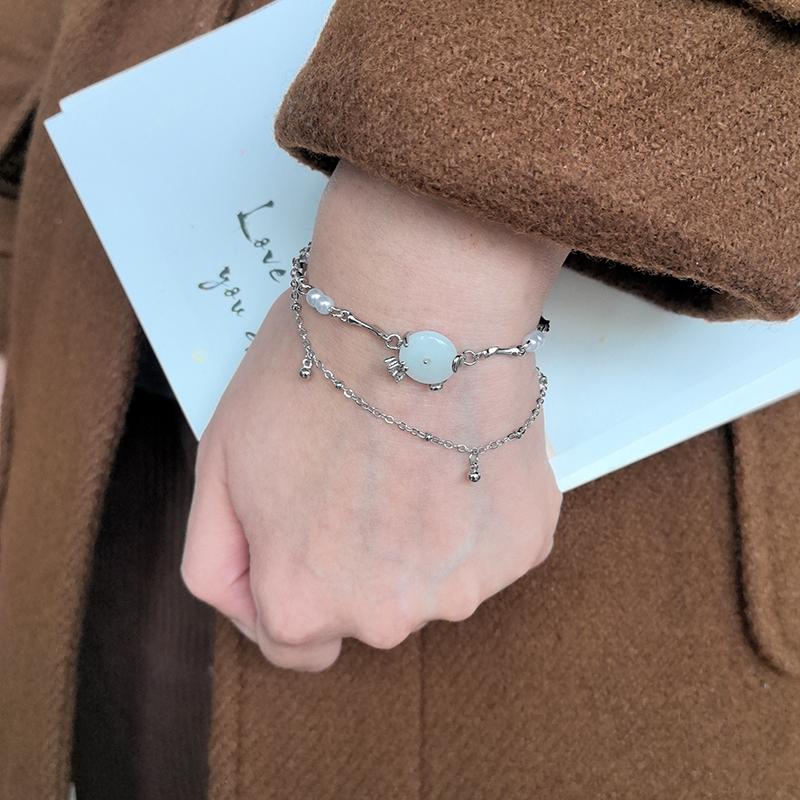 925 Silver Hotan Jade Bell Bracelet For WomenDouble Layer Pearl Irregular Simple Jewelry Gift
