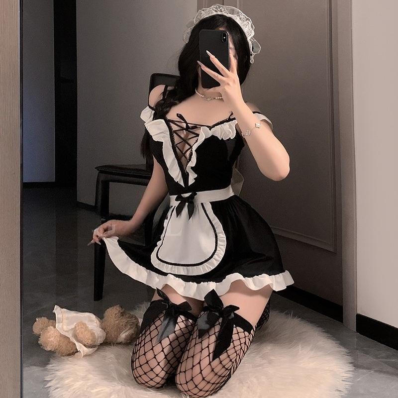 Sexy Cute Maid Cosplay Costumes Lace Up Bow Women Sexy Lingerie Lolita Servant Outfit Lace Server Roleplay Couples Sex Flirt Set With stockings